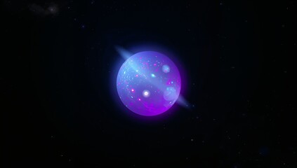 Floating purple sphere emitting speckled light and casting diagonal beam in black starfield, flares
