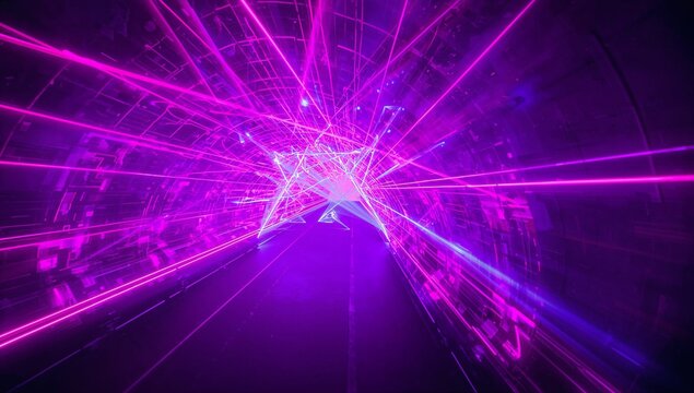 Radiating triangular wireframe structure filling tunnel, projecting magenta and purple laser beams