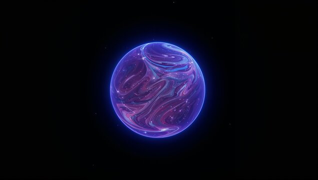 Floating glowing marbled sphere showing nebula-like swirls in deep black void, neon-blue halo - Powered by Adobe