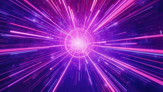 Pulsing magenta core sending neon beams in cyber tunnel, with rings and particles