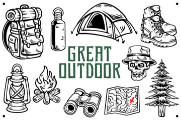 Hand drawn camping equipment collection illustration. Wilderness and survival gear adventure vintage style. Great outdoor camping element retro vector illustration