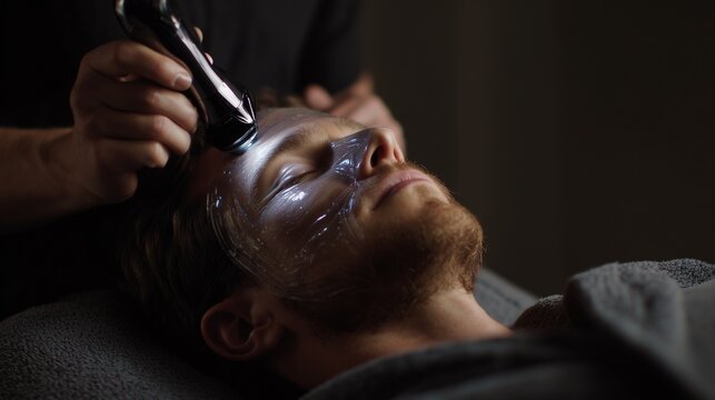 A man relaxes during a facial treatment as a professional uses a specialized device to enhance his skincare. The calming atmosphere supports the man’s rejuvenating experience.
