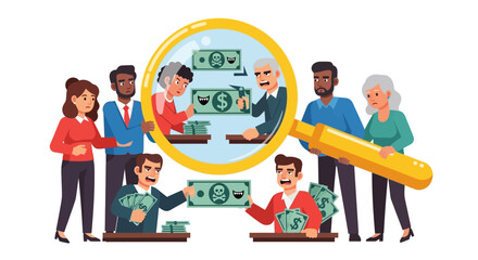 Illustration of a scam investigation with diverse people and counterfeit money detection using a