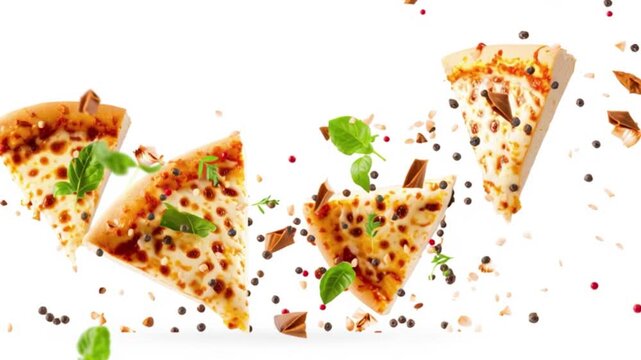 Flying pizza slices with fresh herbs spices and cheese exploding in white background showing delicious food concept dynamic cooking motion creative ingredients splash for tasty cuisine footage