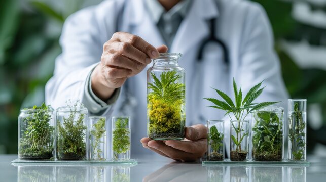 Holistic doctor holding medicinal herbs and a stethoscope beside natural plants