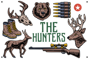 Hunter wildlife vintage retro illustration. Animals and forest adventure. Outdoor hunting animals retro vector illustration