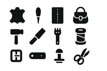 Fototapeta premium Leatherworking Tools Icons. Solid style icons of Artisan Leatherworking: Hide, Stitching Awl, Pattern, Finished Bag, Mallet,