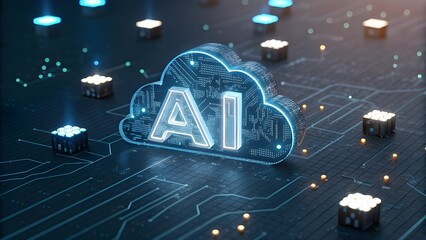 Ai cloud symbol on a dark circuit board, illustrating modern digital technology