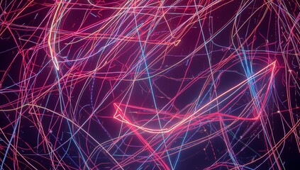 Glowing neon light trails weaving across deep black void, showing pink magenta cyan blue particles