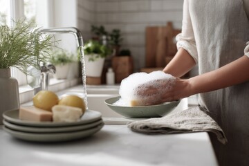 Woman washing dishes in sink with foam