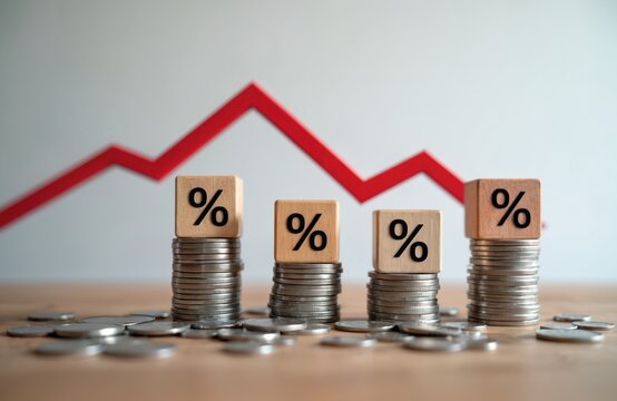 Wooden blocks with percent signs sit on stacks of coins. A red graph trending downwards is in the background indicating financial loss and economic recession.