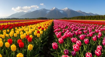 Vibrant rows of red, yellow, and pink tulips span a picturesque field, leading to majestic snow-capped mountains under a clear blue sky.