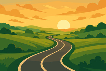 Obraz premium Countryside Road at Sunset. Scenic countryside road winding vector illustration through lush green fields under a golden sunset,
