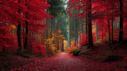 Autumn forest path surrounded by vibrant red and yellow leaves showcases seasonal beauty and tranquility