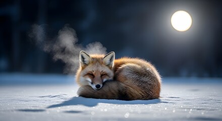 Red fox curled up peacefully on pristine white snow, exhaling visible breath into crisp, cold winter air beneath a luminous sun