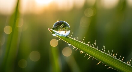 Single dewdrop magnifying lush green grass blade, reflecting an inverted serene landscape at sunrise, with warm golden bokeh.