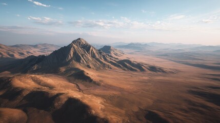 Naklejka premium The aerial view presents a vast, barren landscape dominated by a towering mountain. This rugged mountain stands proudly amid the undulating terrain and expansive, arid surroundings
