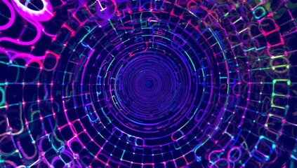 Spiraling central vortex pulling neon hexagonal grid inward in digital tunnel, with glowing rings