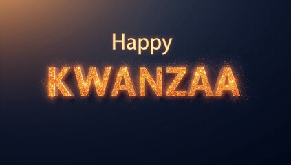 Shining central glittering KWANZAA and Happy lettering on deep navy background with flare