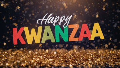 Featuring colorful glitter letters reading Happy KWANZAA on stage, with gold confetti and stars