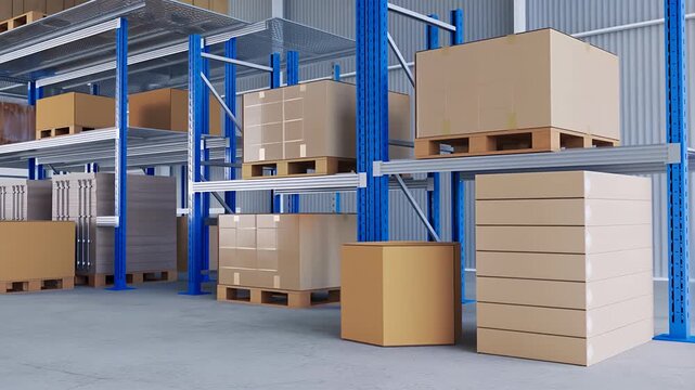Storage warehouse racks with boxes and pallets