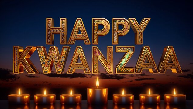 Glowing ornate HAPPY KWANZAA letters casting warm glow on glossy stage at dusk, with seven candles - Powered by Adobe