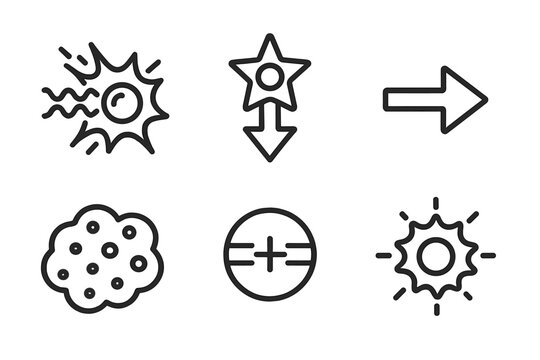 Nucleosynthesis Icons. Line style icons of Nucleosynthesis in Supernovae: stellar shockwave, iron core collapse, r-process arrow,