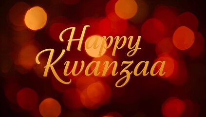 Featuring centered gold script saying Happy Kwanzaa glowing on holiday card, with red orange bokeh