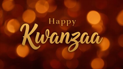 Displaying gold greeting Happy Kwanzaa on digital card, with metallic sheen and amber bokeh