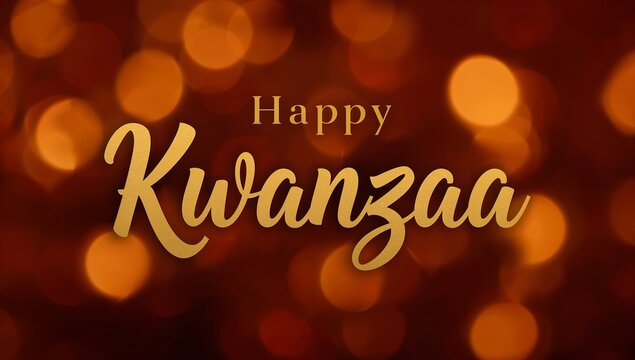 Displaying gold greeting Happy Kwanzaa on digital card, with metallic sheen and amber bokeh