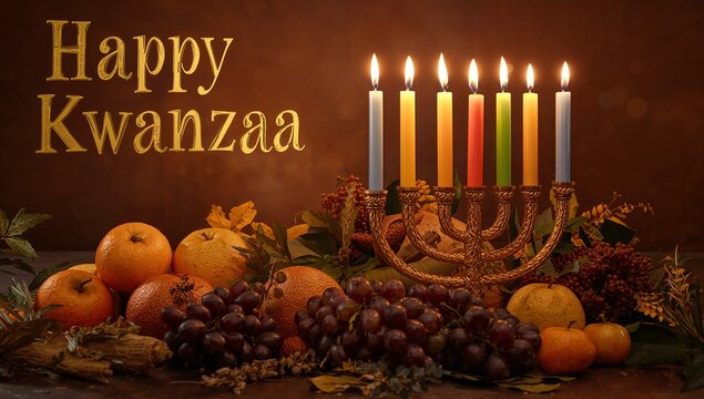 Glowing brass kinara holding seven lit candles on wooden tabletop with grapes, gold Happy Kwanzaa