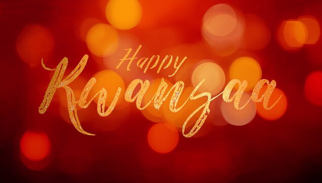 Glowing gold glitter 'Happy Kwanzaa' text shining on deep red background, with warm bokeh orbs - Powered by Adobe