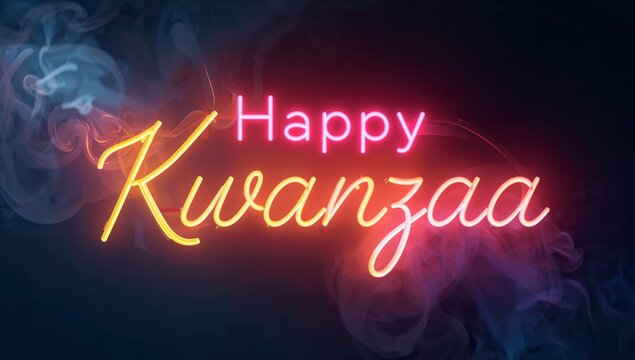 Glowing neon Happy Kwanzaa sign casting colored smoke and halo over dark backdrop, with reflections - Powered by Adobe