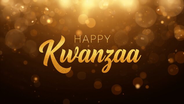 Featuring centered greeting showing glittery Kwanzaa and HAPPY on holiday card with gold bokeh - Powered by Adobe