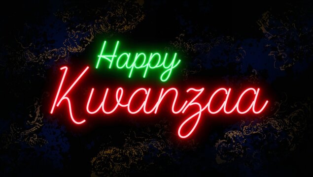 Glowing neon script reading Happy Kwanzaa illuminating decorative navy backdrop, with gold filigree - Powered by Adobe