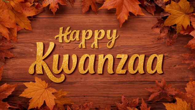 Displaying gold glitter text Happy Kwanzaa on wooden plank backdrop, with scattered autumn leaves - Powered by Adobe