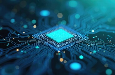 Closeup of glowing blue computer chip with intricate circuit board lines and glowing dots. Digital technology background with abstract network pattern and cyber data flow.