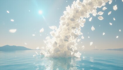 An aerial view of a cluster of white petals floating in the ocean.