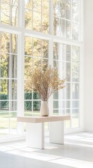Fototapeta premium Vase with dried branches on minimalist console table in bright room with large windows overlooking trees.