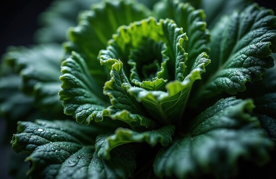 Macro shot of fresh green kale leaves with water drops. Dark background accentuates rich color and texture. Healthy vegetable for nutritious meals.