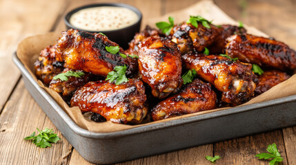 Glazed smoked chicken wing in metal tray with creamy dip and parsley garnish, savory and rich