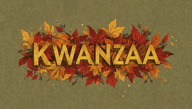 Featuring gold KWANZAA letters hovering over leaf garland with twigs, ink splatters on olive canvas