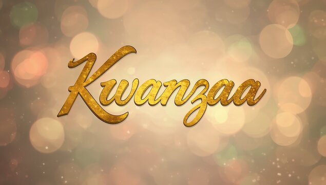 Displaying central gold Kwanzaa cursive lettering on warm bokeh background, with bevel and sparkles - Powered by Adobe