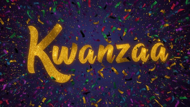 Showing gold glitter Kwanzaa script on purple gradient, with confetti, streamers and sparkles - Powered by Adobe