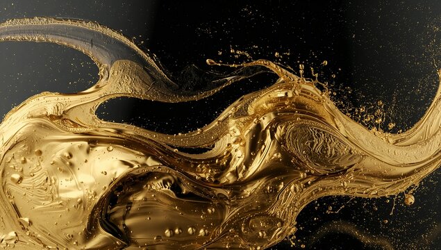 Swirling golden liquid forming ribbon splashes in black background showing suspended droplets
