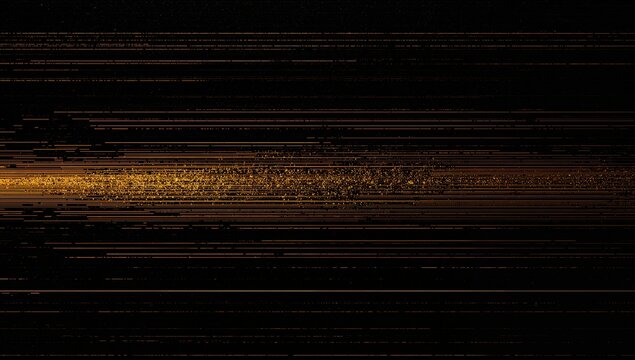 Streaming central warm golden particle band moving across dark digital field, with scanlines