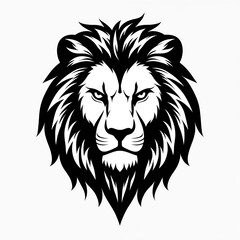Obraz premium Lion head silhouette graphic against white backdrop. Fierce male predator emblem with detailed mane and intense stare. Symbol of power, strength, and royalty for logos, mascots, or designs.