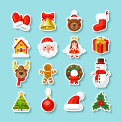 Collection of Christmas stickers. Set of vector Xmas icons - Santa, Christmas angel, gift, tree, ball, sock, holly, wreath, snowman, mittens, gingerbread man, bell with bow, Santa hat, cute bear etc.
