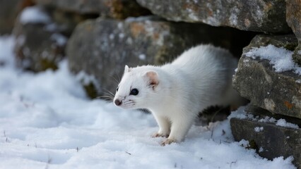 White weasel in snowy environment near rocks