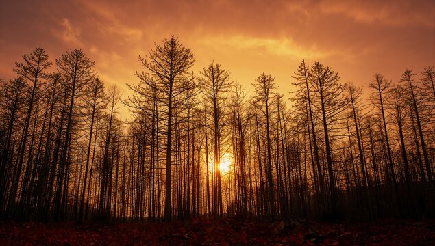 Glowing sun shining through tall thin trunks at forest sunset, with fallen leaves - Powered by Adobe